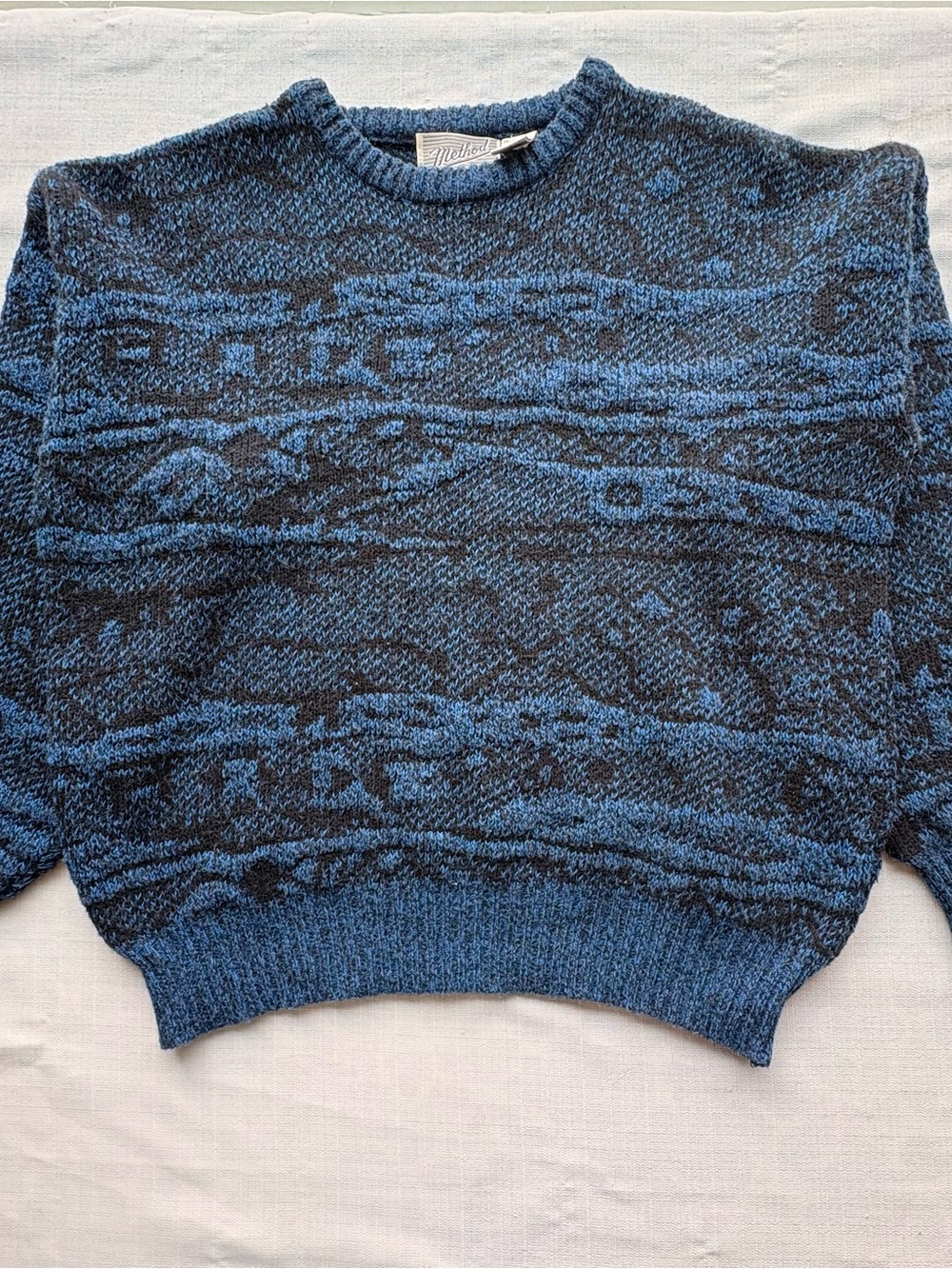 Vintage Method Sweater Mens M Blue Black Geometric Wool Blend Grandpa 90s Knit